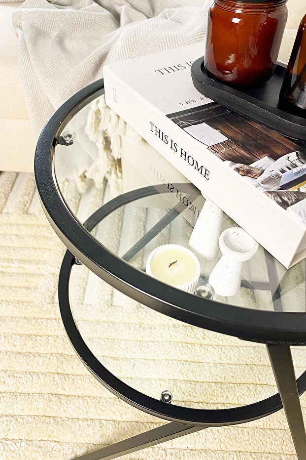 Valencia Yan Sehpa - Siyah Metal Şeffaf Camlı Çok Amaçlı Koltuk Sehpası Zigon Sehpa Servis Sehpası